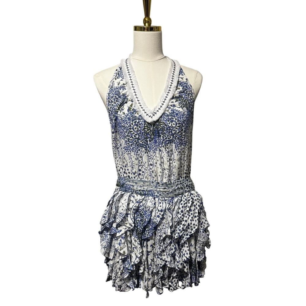 Poupette St Barth Beline Mini Dress Blue/White Halter Ruffle Print Size XS - Picture 2 of 7